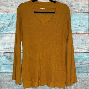 Hippie Rose Cutout Sweater L Bell Sleeves Boho Y2K Stretch Golden Brown Flowy